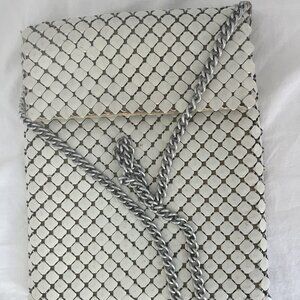 Whiting and Davis CO mesh white metal beaded clutch with chain